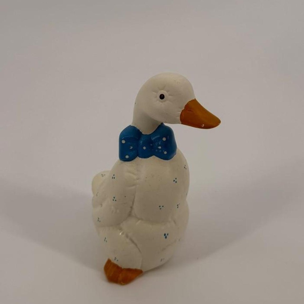 Vintage White Ceramic Duck Figurine Blue Polka Dot Bow Tie Goose Decor